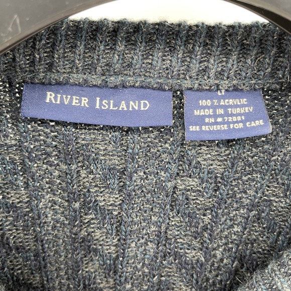 VTG River Island Textured Knit Sweater Men Lg Tall Blue Gray Acrylic Crew Neck - Picture 6 of 8
